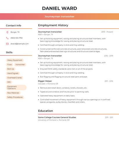Journeyman Ironworker Resume