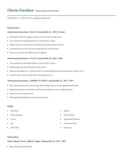 Journeyman Ironworker Resume
