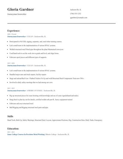 Journeyman Ironworker Resume