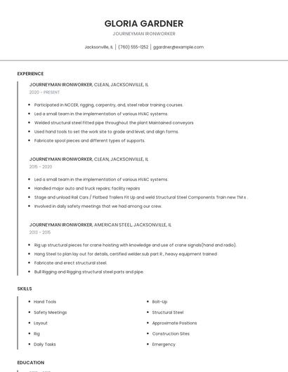 Journeyman Ironworker Resume
