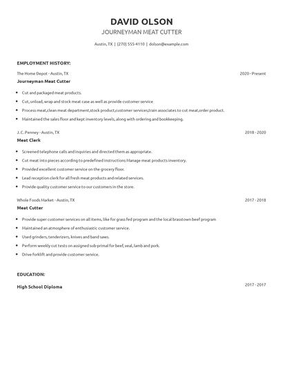 Journeyman Meat Cutter Resume