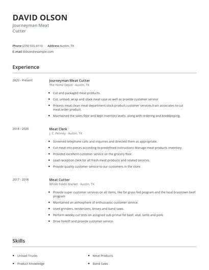 Journeyman Meat Cutter Resume