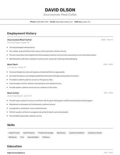 Journeyman Meat Cutter Resume