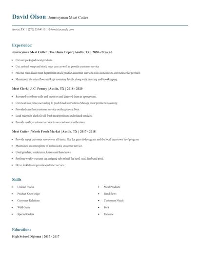 Journeyman Meat Cutter Resume
