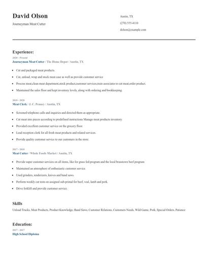 Journeyman Meat Cutter Resume