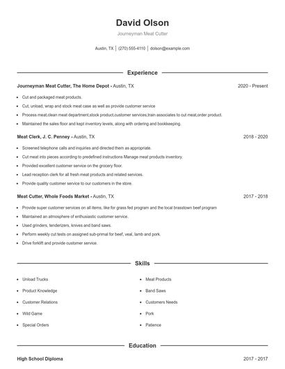 Journeyman Meat Cutter Resume