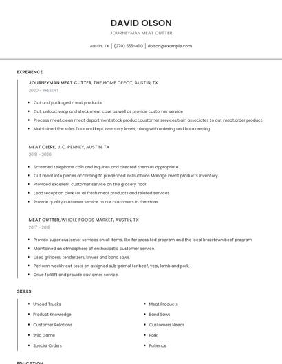 Journeyman Meat Cutter Resume