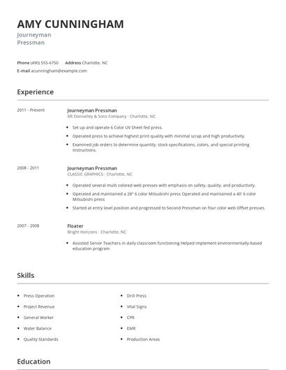 Journeyman Pressman Resume
