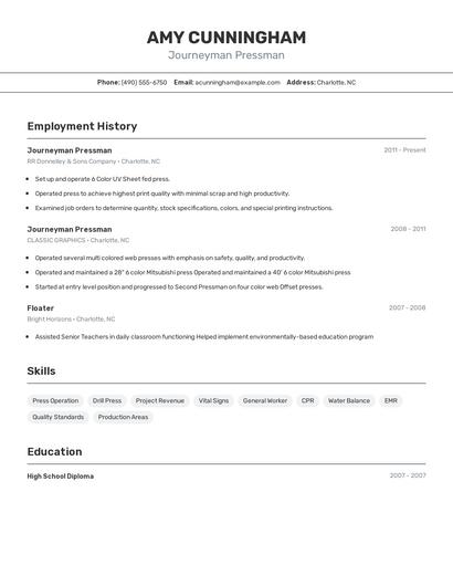 Journeyman Pressman Resume