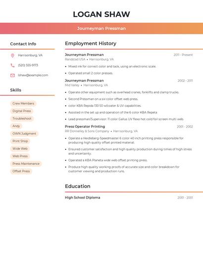 Journeyman Pressman Resume