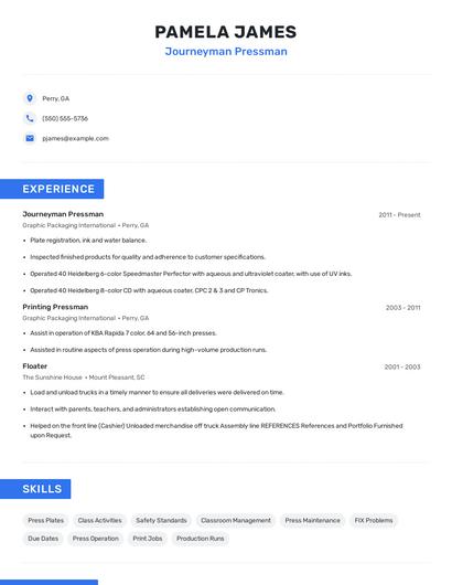 Journeyman Pressman Resume