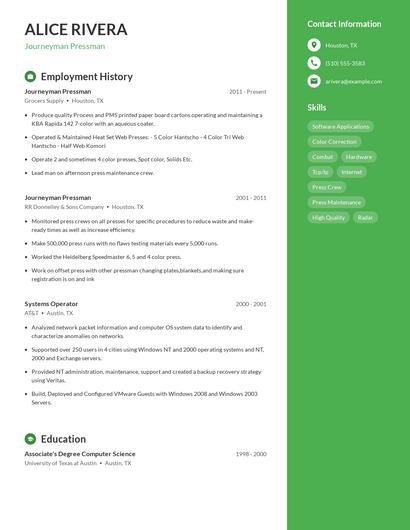 Journeyman Pressman Resume