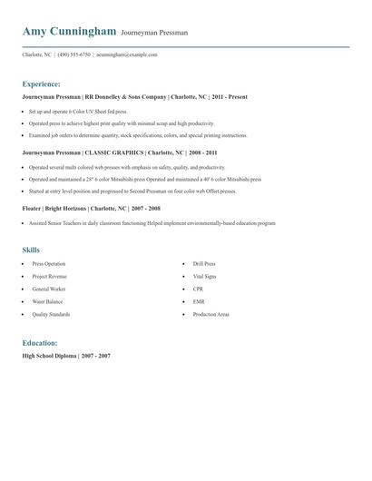 Journeyman Pressman Resume