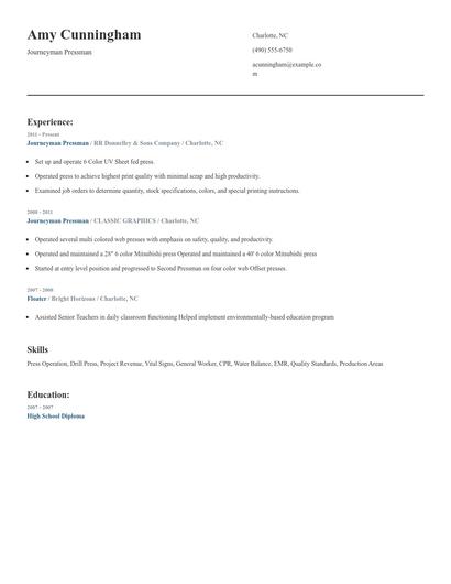 Journeyman Pressman Resume
