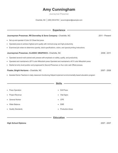 Journeyman Pressman Resume