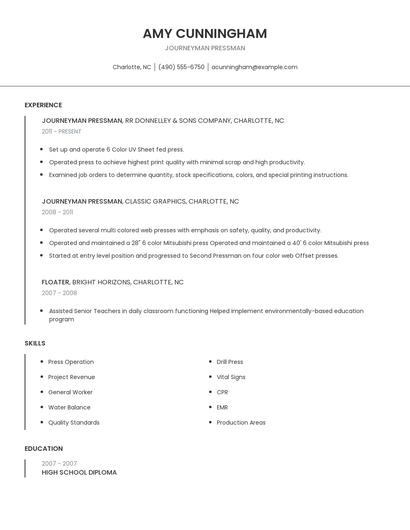 Journeyman Pressman Resume