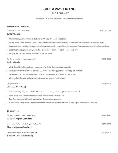 Junior Chemist Resume