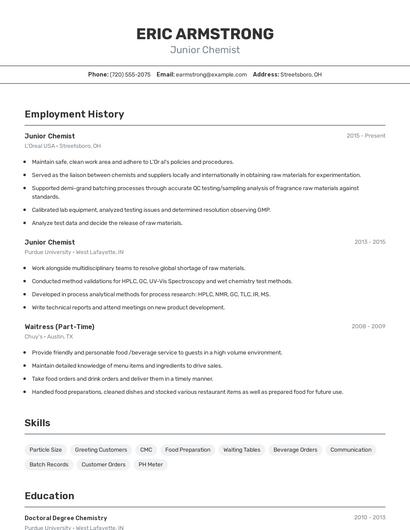Junior Chemist Resume