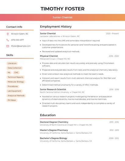 Junior Chemist Resume