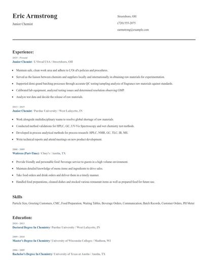 Junior Chemist Resume