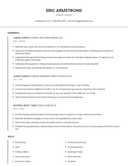 Junior Chemist Resume
