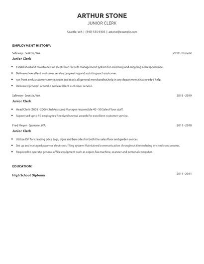 Junior Clerk Resume
