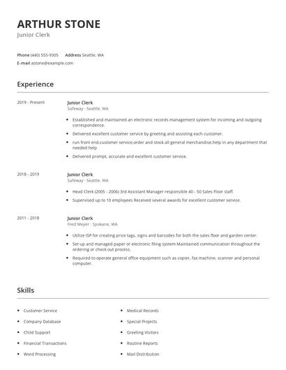 Junior Clerk Resume
