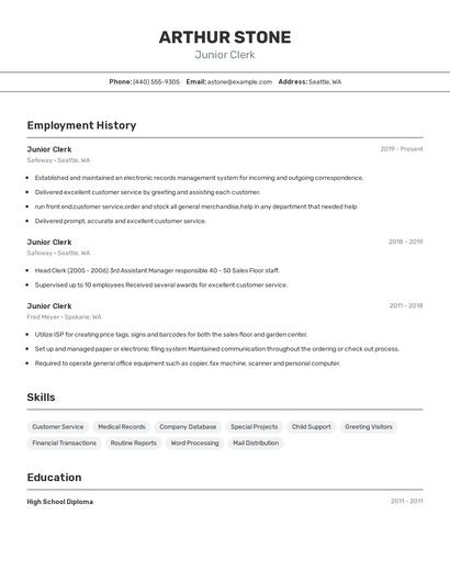 Junior Clerk Resume