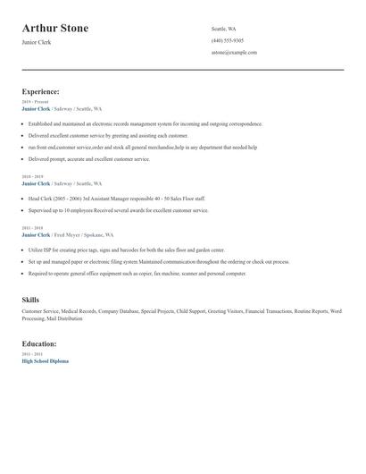 Junior Clerk Resume
