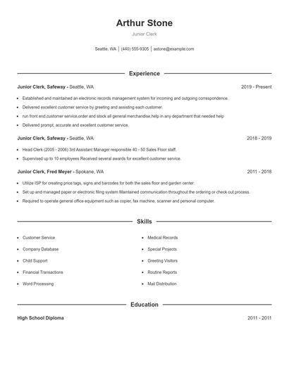 Junior Clerk Resume