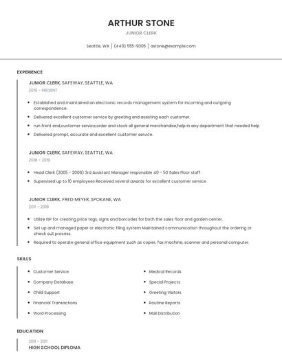 Junior Clerk Resume