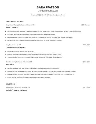 Junior Counselor Resume