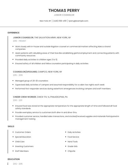 Junior Counselor Resume