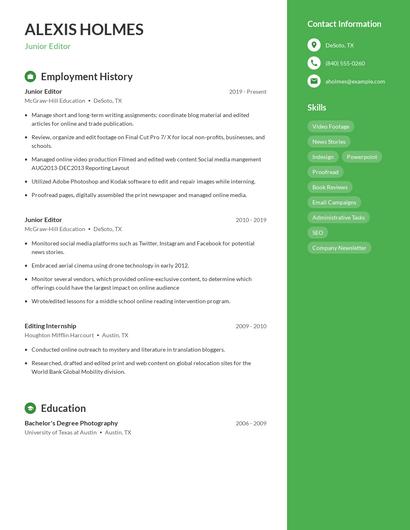 Junior Editor Resume