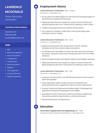 Junior Electronic Technician Resume