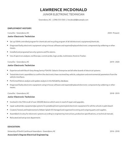 Junior Electronic Technician Resume