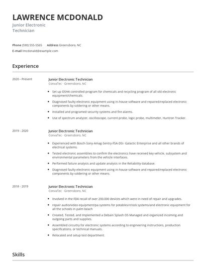 Junior Electronic Technician Resume
