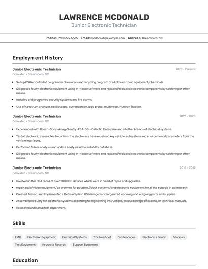 Junior Electronic Technician Resume