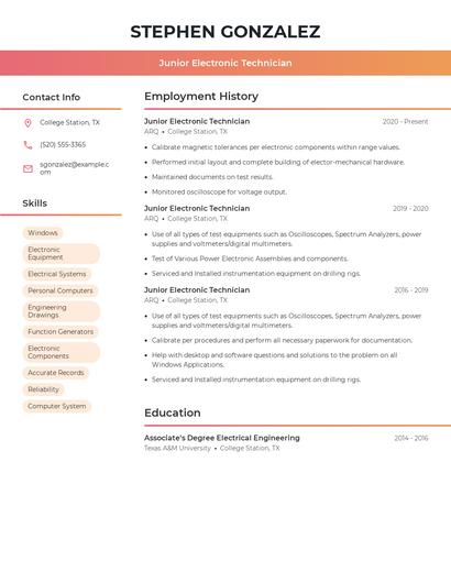 Junior Electronic Technician Resume
