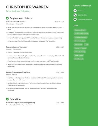 Junior Electronic Technician Resume