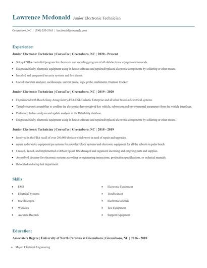 Junior Electronic Technician Resume