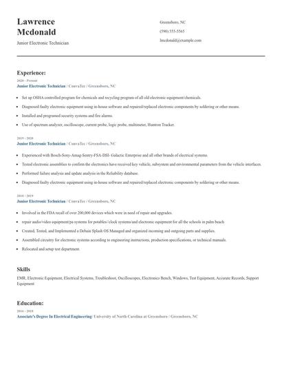 Junior Electronic Technician Resume