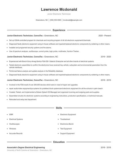 Junior Electronic Technician Resume