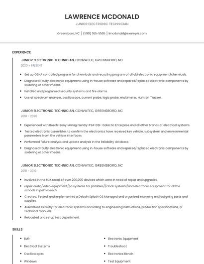 Junior Electronic Technician Resume