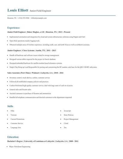 Junior Field Engineer Resume