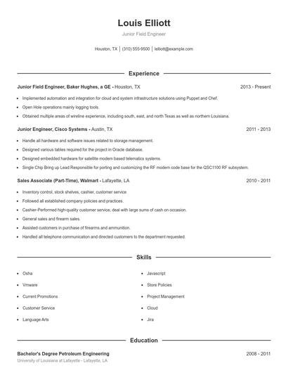 Junior Field Engineer Resume