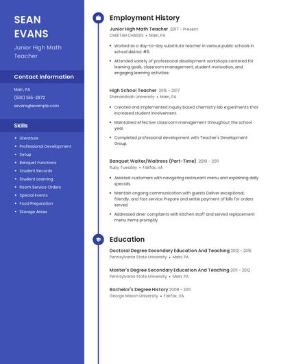 Junior High Math Teacher Resume