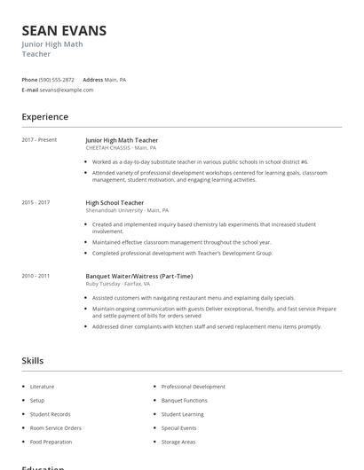 Junior High Math Teacher Resume