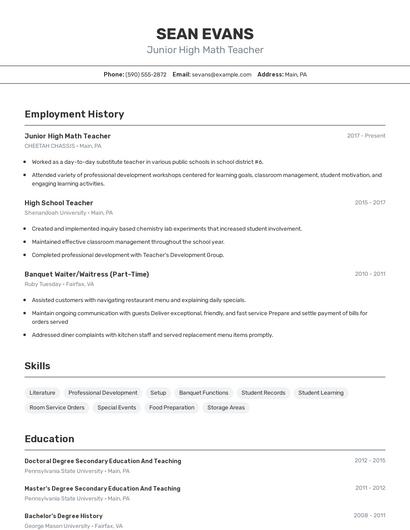 Junior High Math Teacher Resume