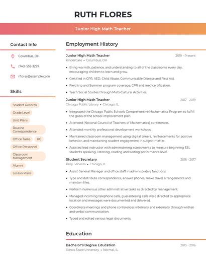 Junior High Math Teacher Resume